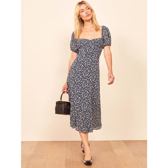💕REFORMATION💕 Hannah Dress ~ Elyse Blue with White Micro Floral Print 4 NWOT - Picture 3 of 12